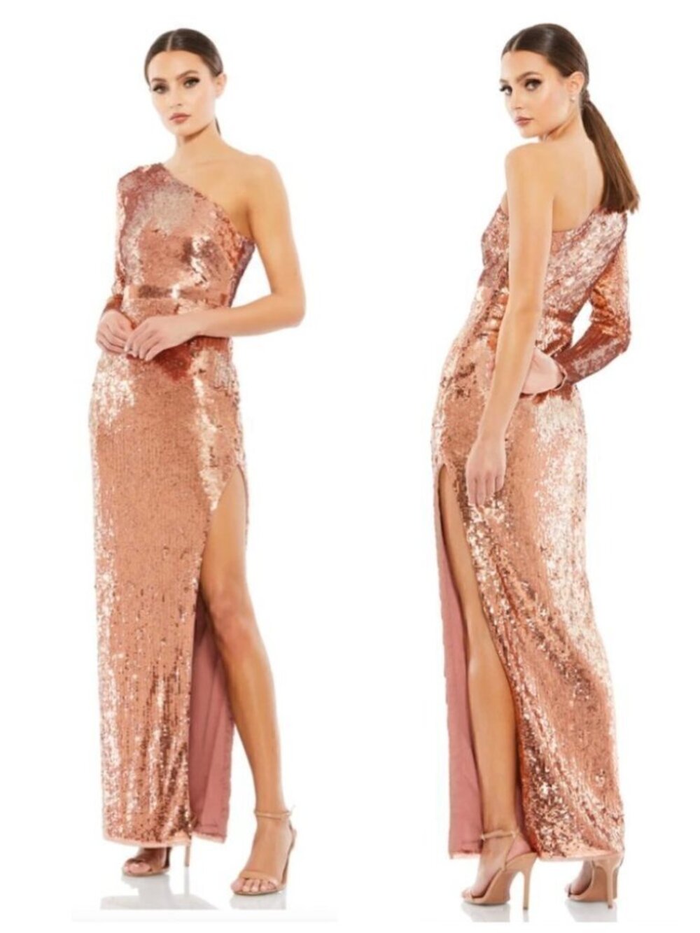 Mac Duggal Copper Sequin One-Shoulder Long Sleeve Column Gown Sz 12